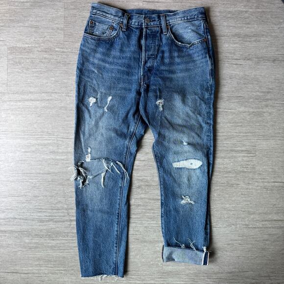 Levis 501 Jeans Womens White Oak Cone Denim Selvedge Distressed Button Fly 28x26 - Picture 1 of 13